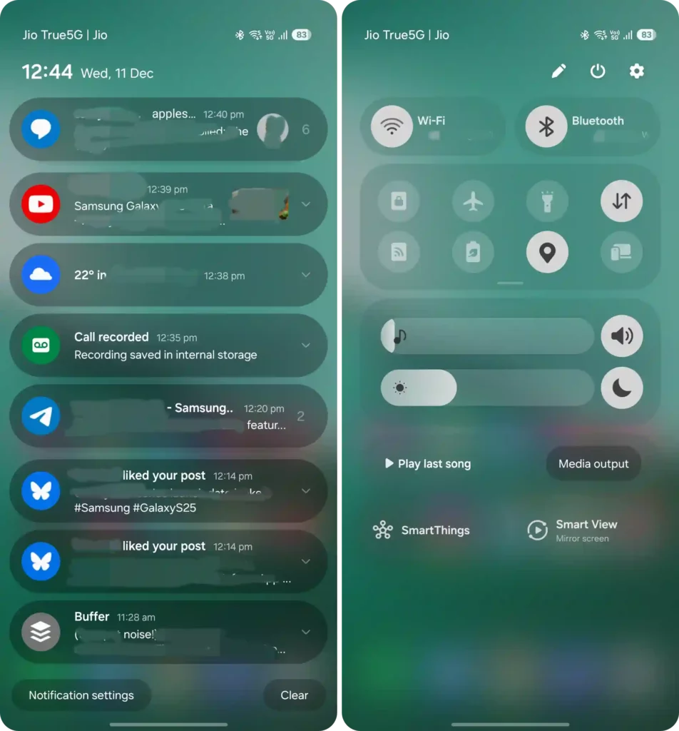 One UI 7 Notification and Quick Settings Panel