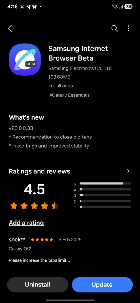 Samsung Internet Browser Beta 28.0.0.33 Update