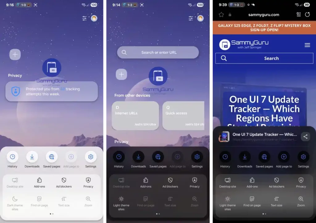 Samsung Internet One UI Screenshots