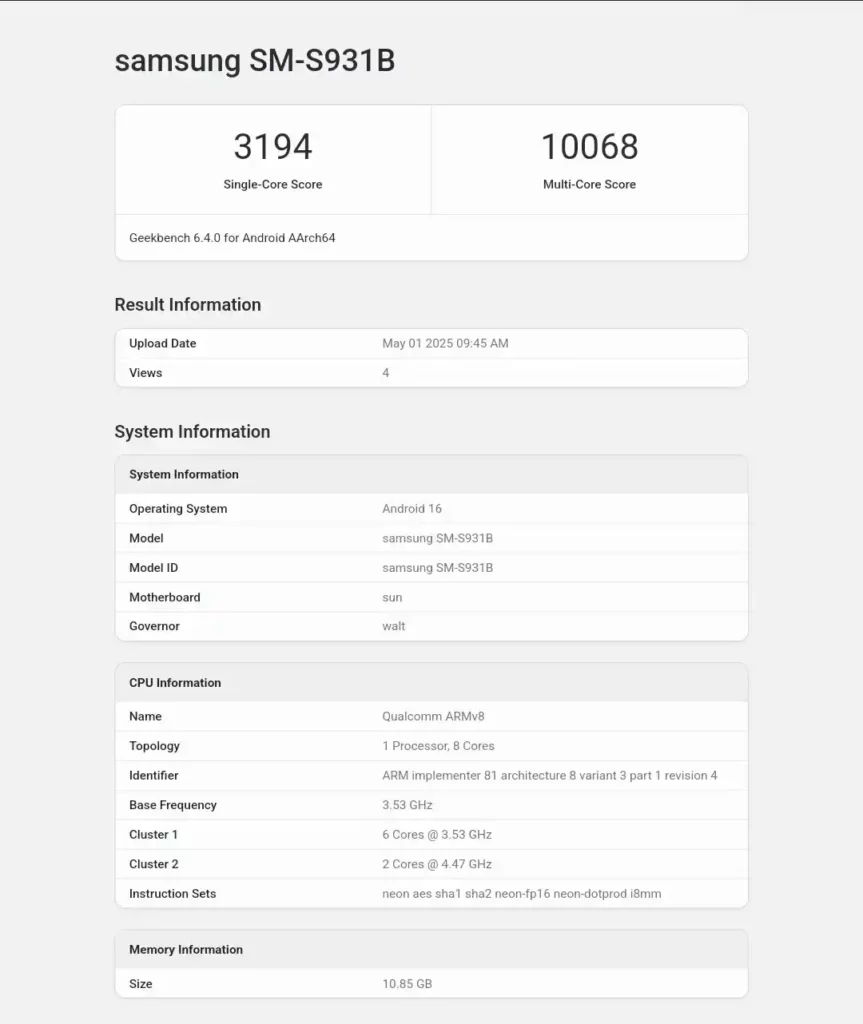 Samsung Galaxy S25 with One UI 8 on Geekbench