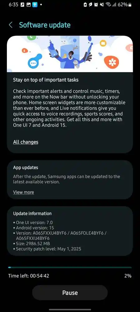 Galaxy A06 4G One UI 7 update screenshot